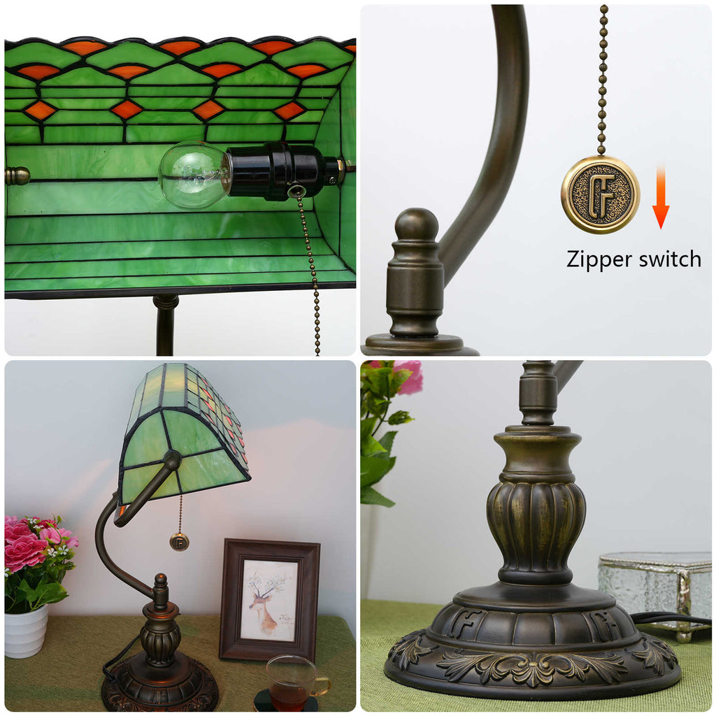 Green and Bronze Stained Glass Banker's Lamp
