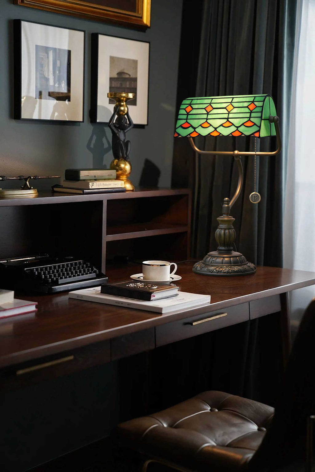 Green and Bronze Stained Glass Banker's Lamp