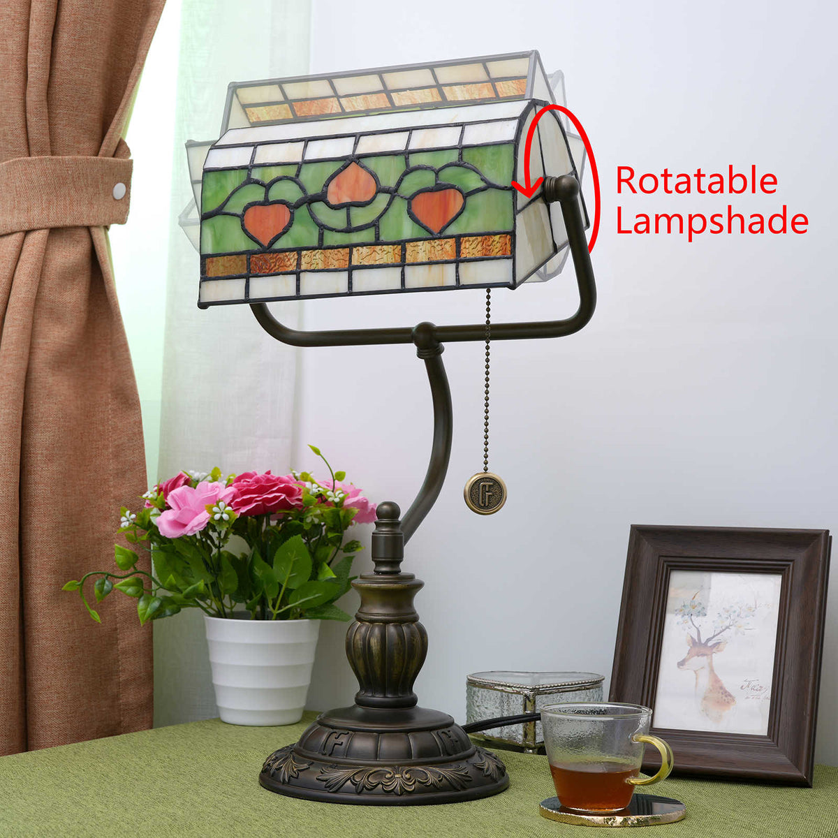 Tiffany Desk Lamp with Red Hearts in Antique Bronze