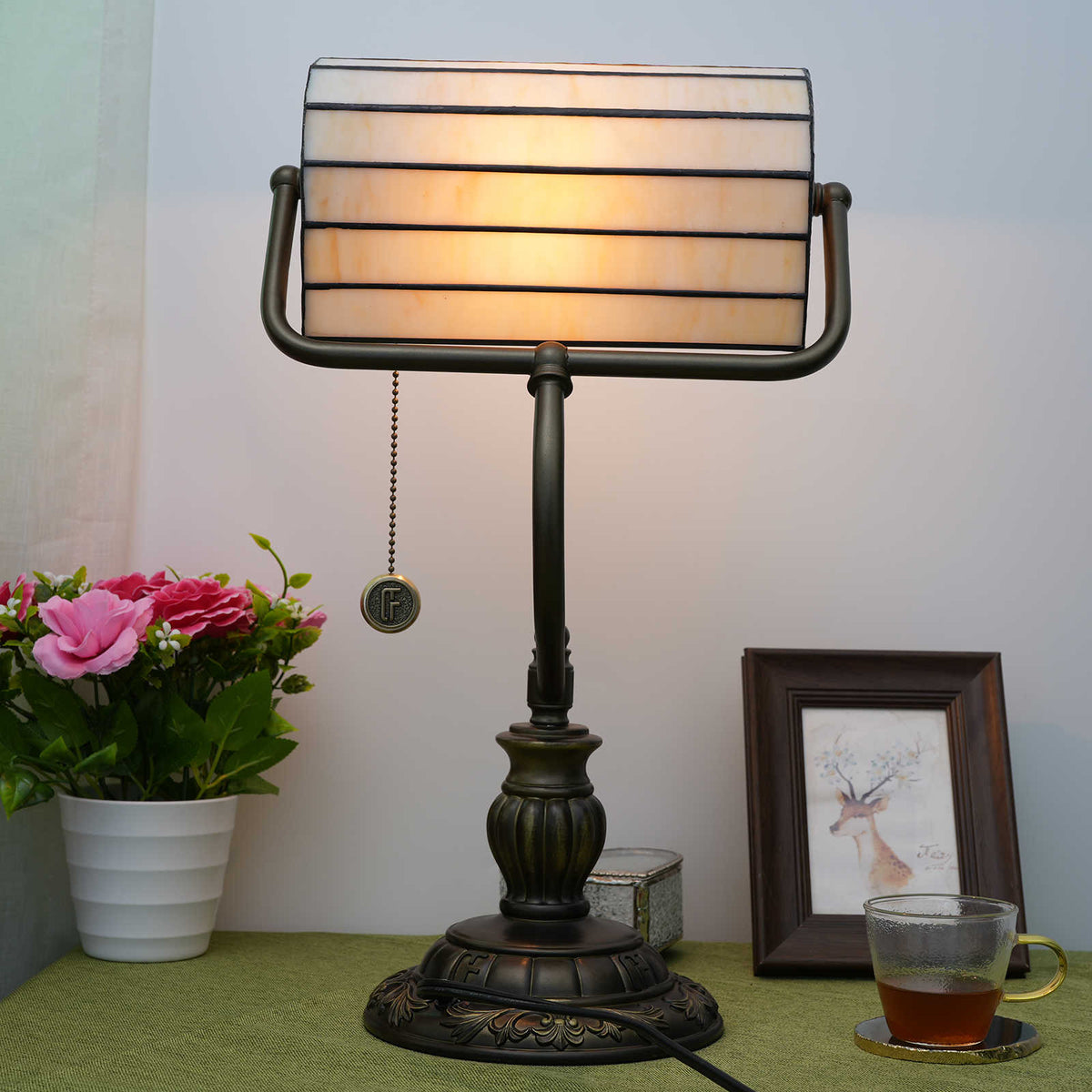 Tiffany Desk Lamp with Red Hearts in Antique Bronze
