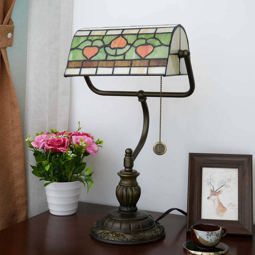 Tiffany Desk Lamp with Red Hearts in Antique Bronze