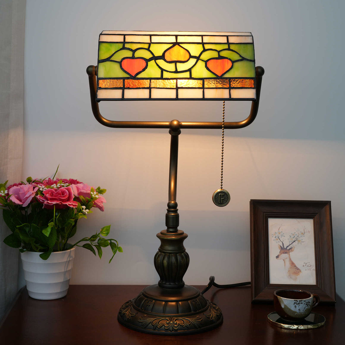 Tiffany Desk Lamp with Red Hearts in Antique Bronze