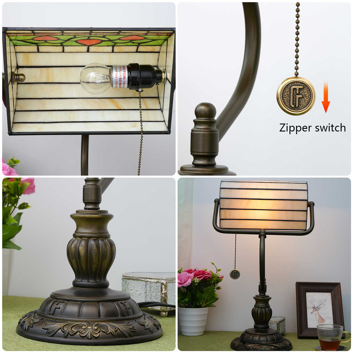 Tiffany Desk Lamp with Red Hearts in Antique Bronze
