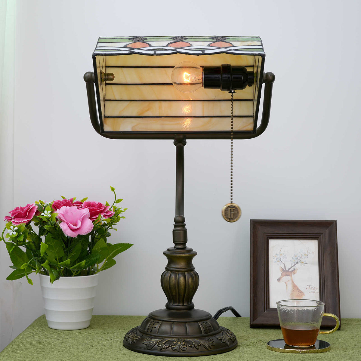 Tiffany Style Stained Glass Desk Lamp in Antique Bronze