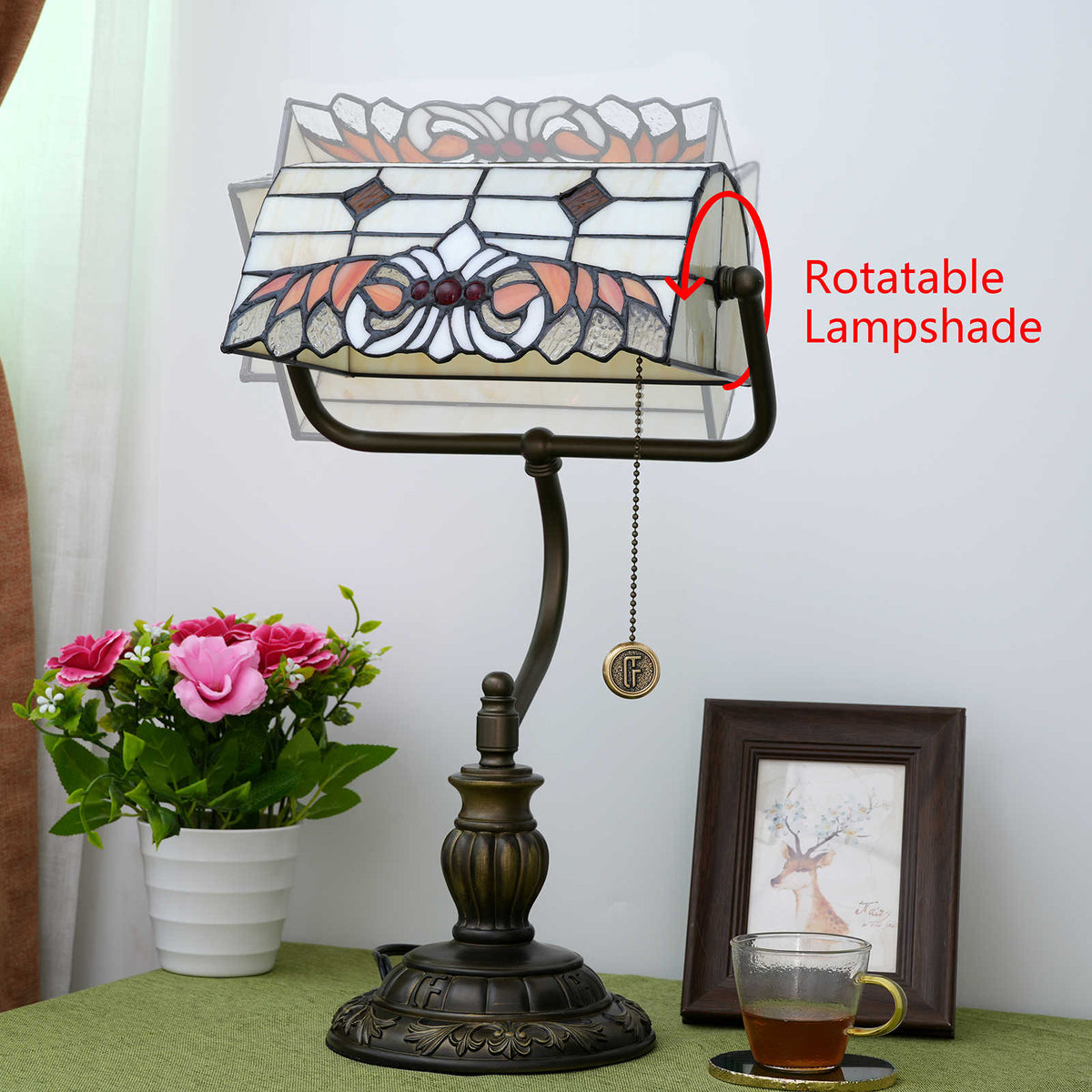 Tiffany Banker's Lamp in Cream Red Tinted Glass