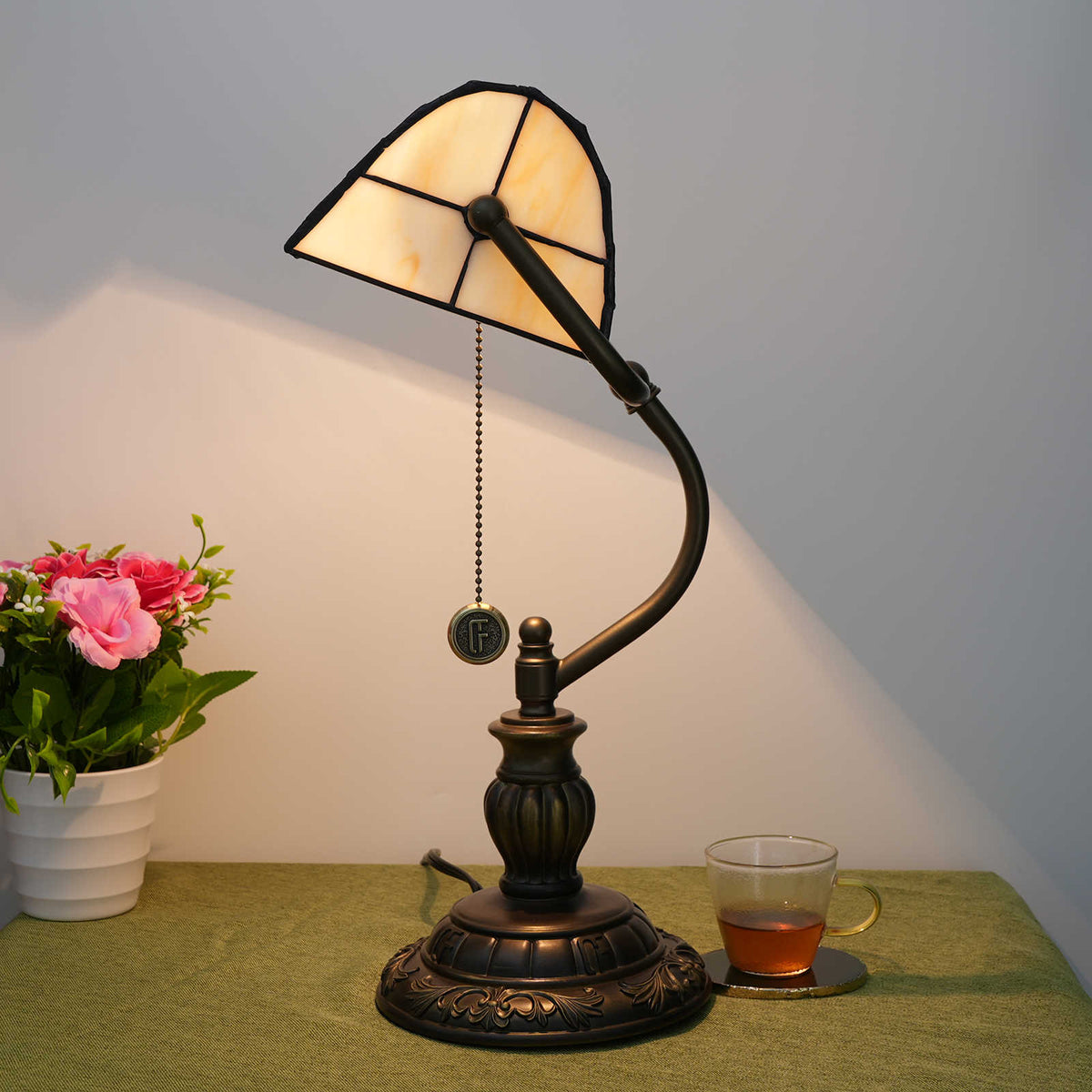 Tiffany Banker's Lamp in Cream Red Tinted Glass