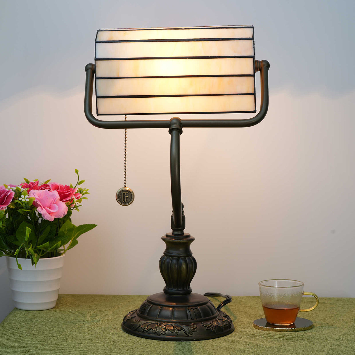Tiffany Banker's Lamp in Cream Red Tinted Glass