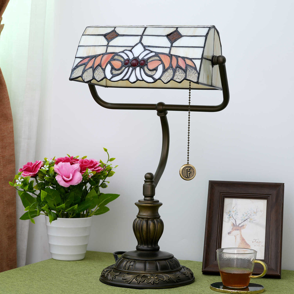 Tiffany Banker's Lamp in Cream Red Tinted Glass