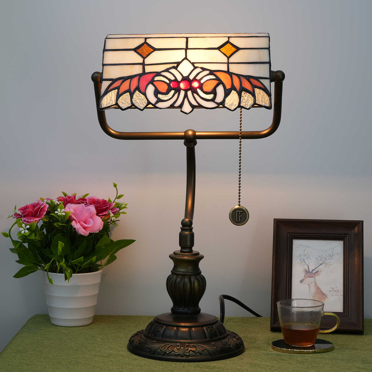 Tiffany Banker's Lamp in Cream Red Tinted Glass