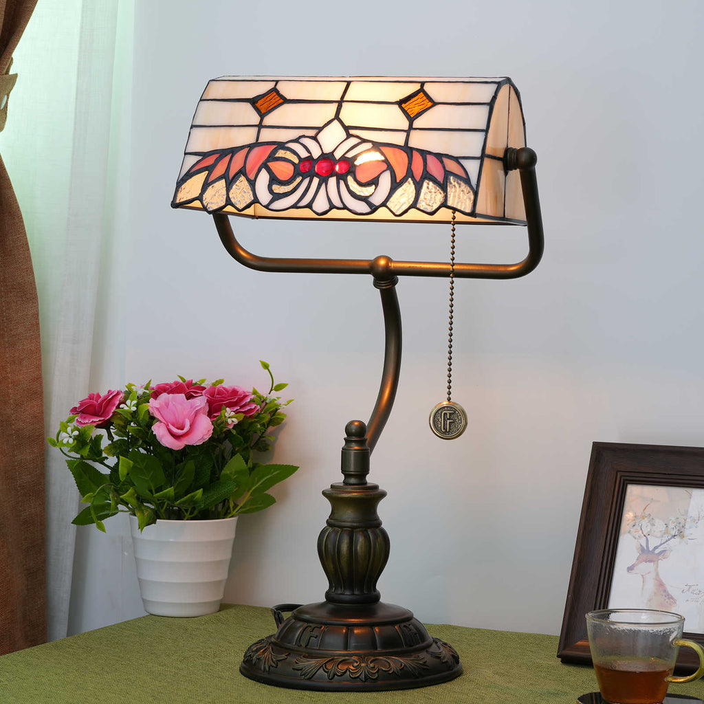 Tiffany Banker's Lamp in Cream Red Tinted Glass