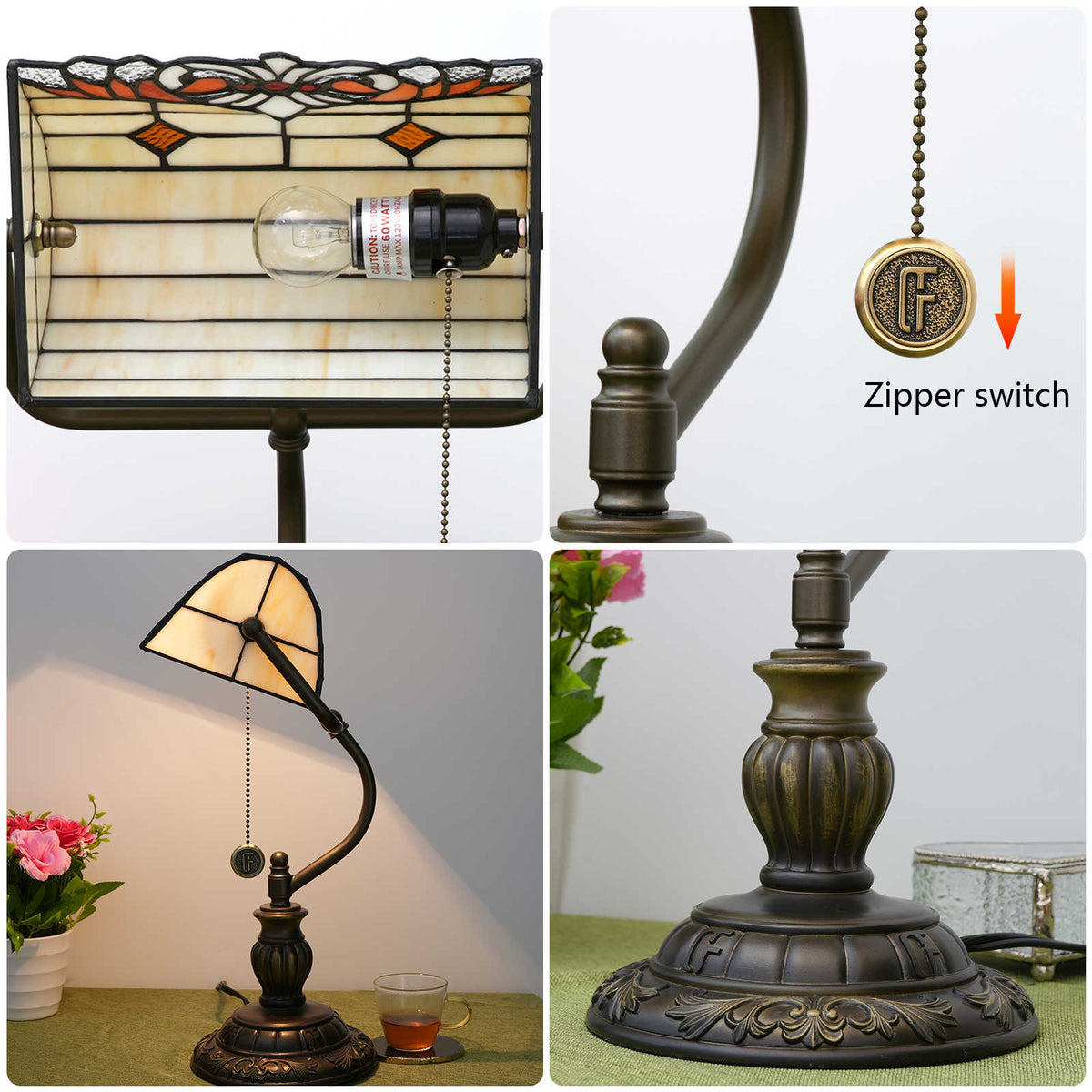 Tiffany Banker's Lamp in Cream Red Tinted Glass