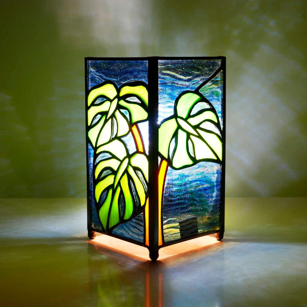 Tiffany Lamp with Green and Blue Monstera Leaves