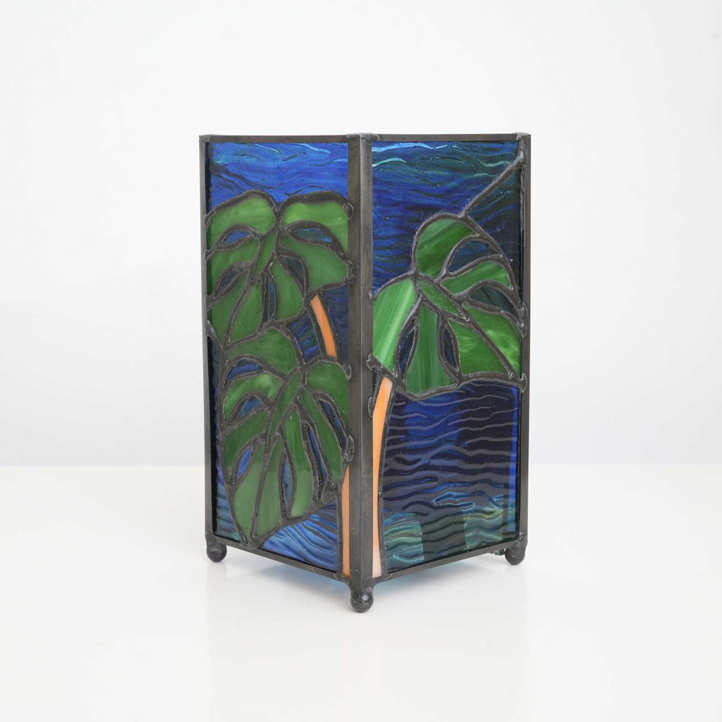 Tiffany Lamp with Green and Blue Monstera Leaves