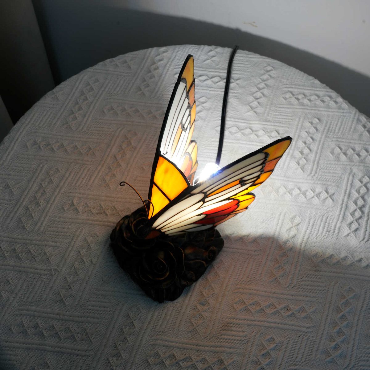 Tiffany Butterfly Table Lamp with Rose Base