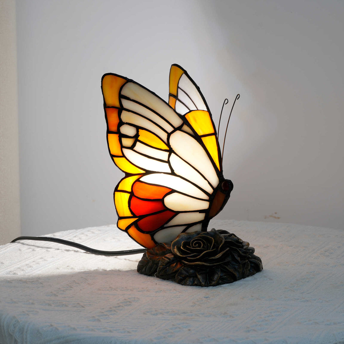 Tiffany Butterfly Table Lamp with Rose Base