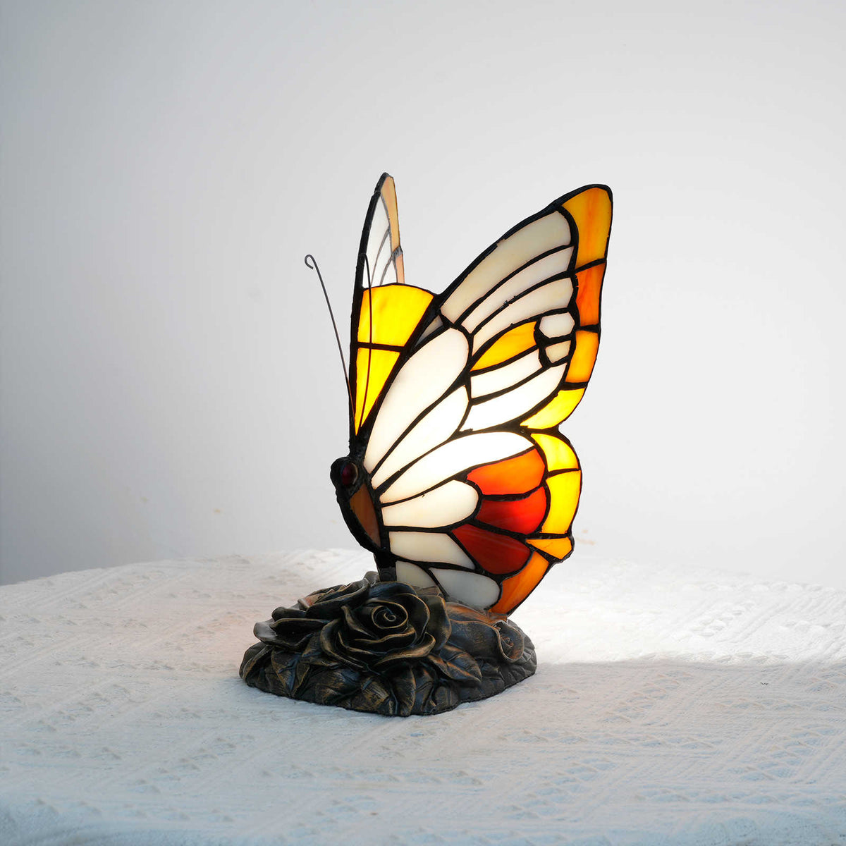 Tiffany Butterfly Table Lamp with Rose Base
