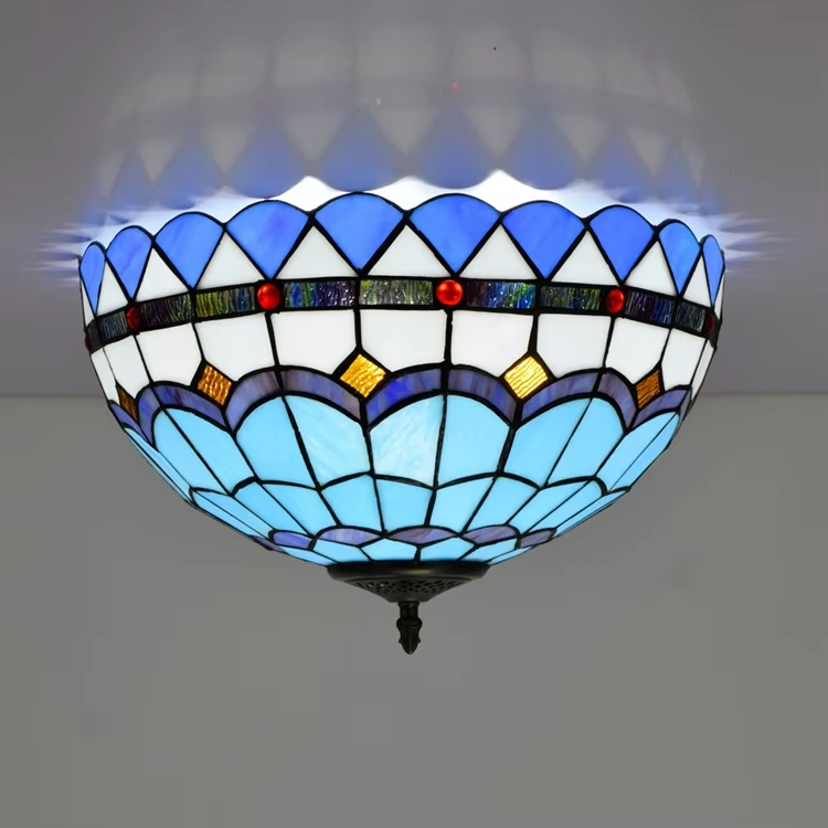 Blue and White Tiffany Style Stained Glass Dome Ceiling Light
