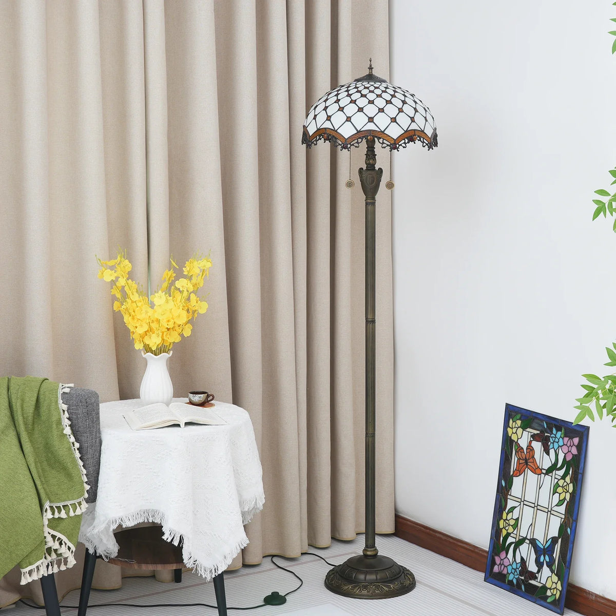 Tiffany Stained Glass Floor Lamp in Amber and Resin