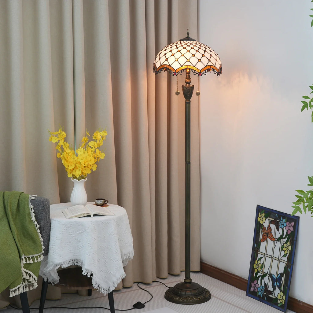 Tiffany Stained Glass Floor Lamp in Amber and Resin