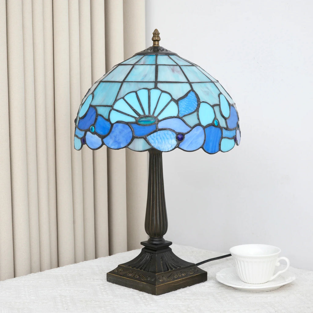 Ocean blue seashell-style tinted glass table lamp, retro bedside lamp for bedroom, living room, dining room, home decor, desk lamp