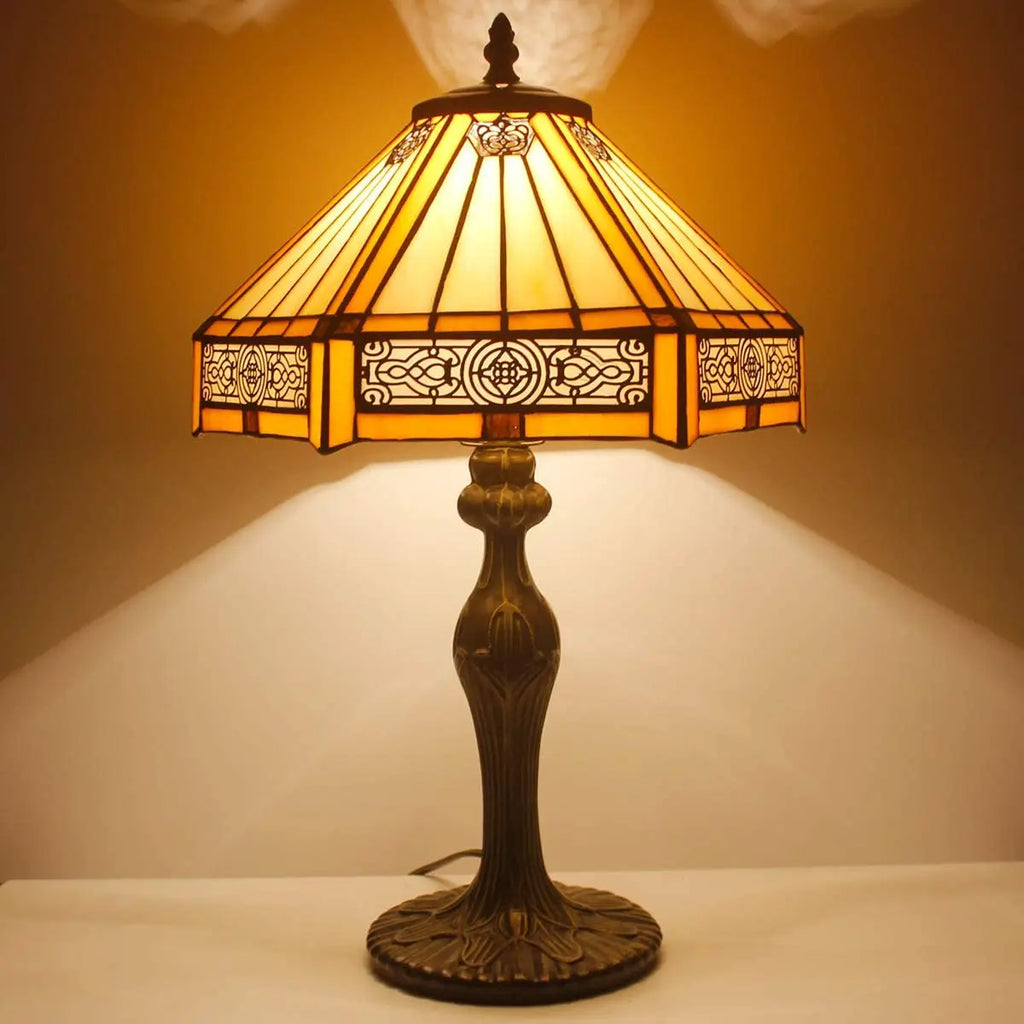 Missionary-style hexagonal stained glass bedside table lamp in yellow, 18 inches tall, for reading, living room and bedroom