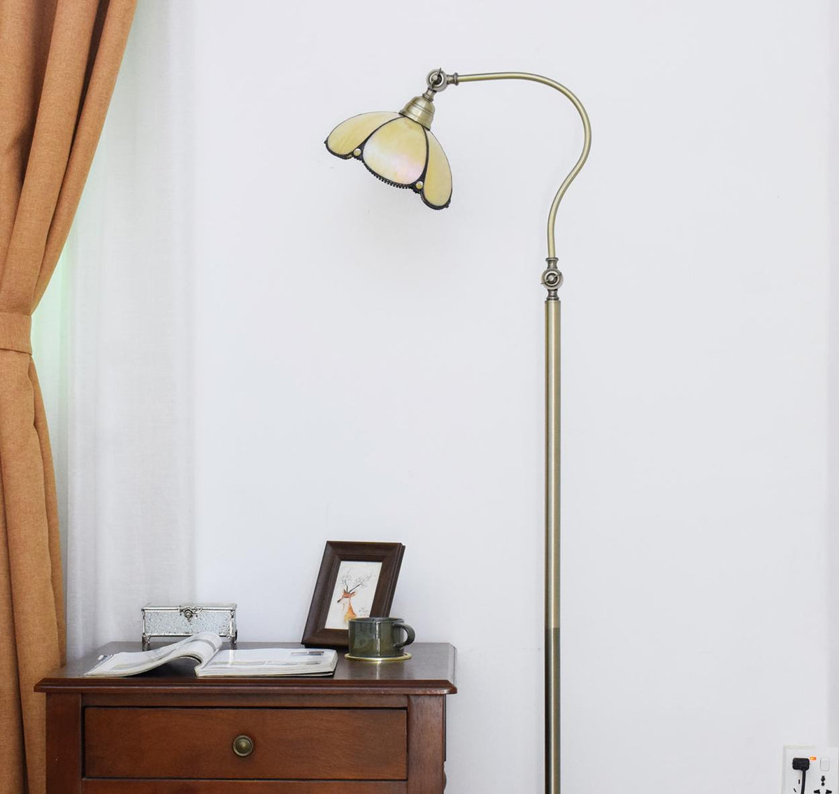 Aged Brass Floor Lamp with Pearly Petal Shade