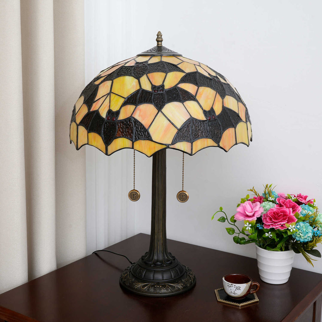 Amber and Black Stained Glass Bat Table Lamp