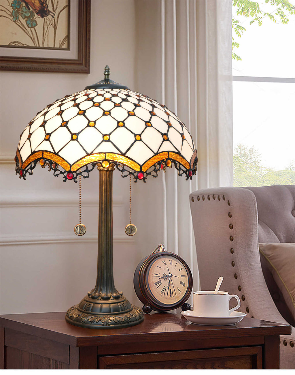 Amber and Red Tiffany Stained Glass Dome Table Lamp