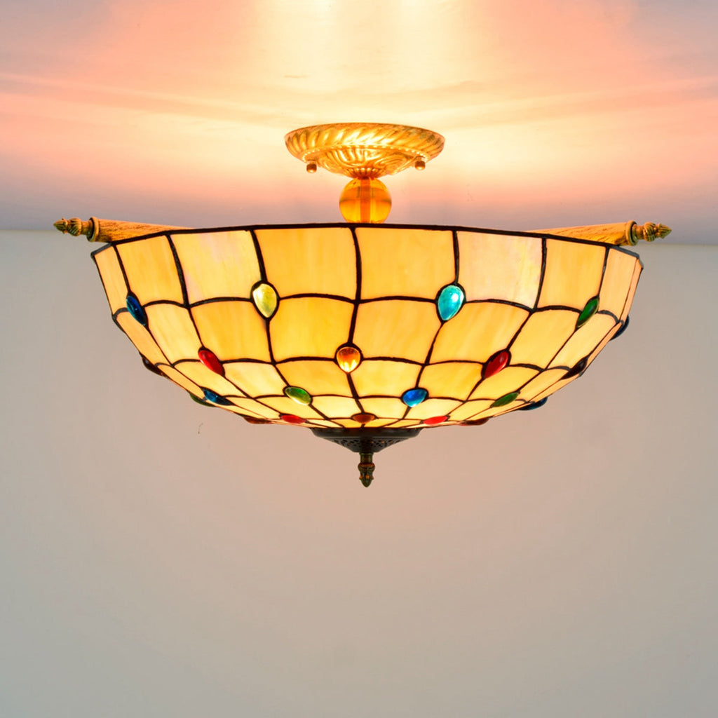 Amber Stained Glass Ceiling Light with Coloured Cabochons
