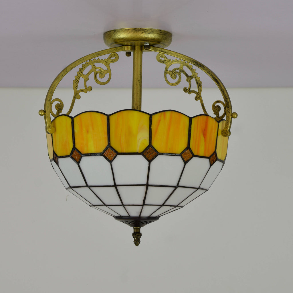 Amber Tiffany Glass and Aged Brass Ceiling Light
