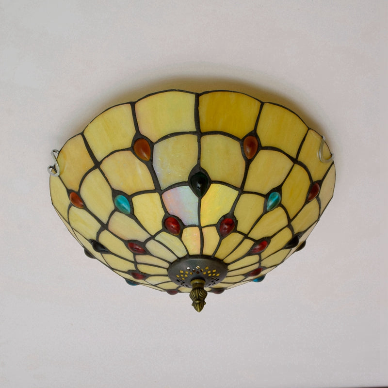 Amber Tiffany Glass Dome Ceiling Light with Cabochons
