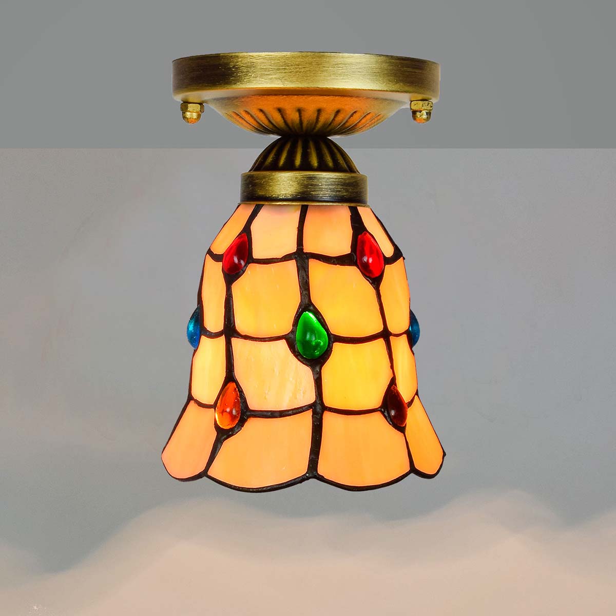 Amber Tiffany Stained Glass Ceiling Light with Cabochons