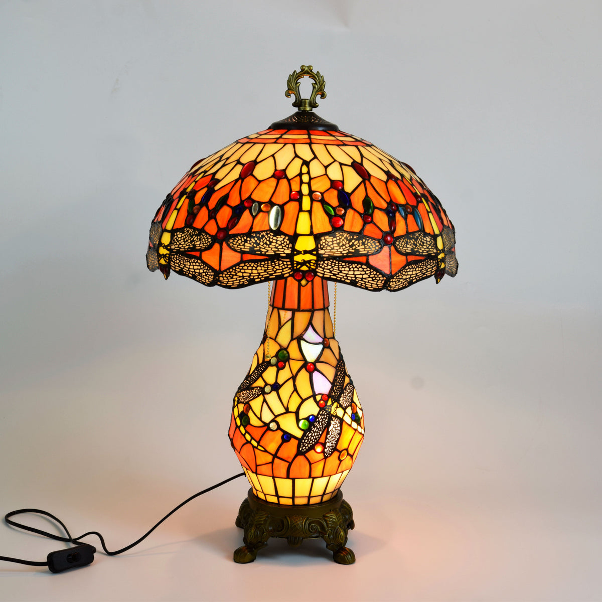 Amber Tiffany Table Lamp with Dragonflies