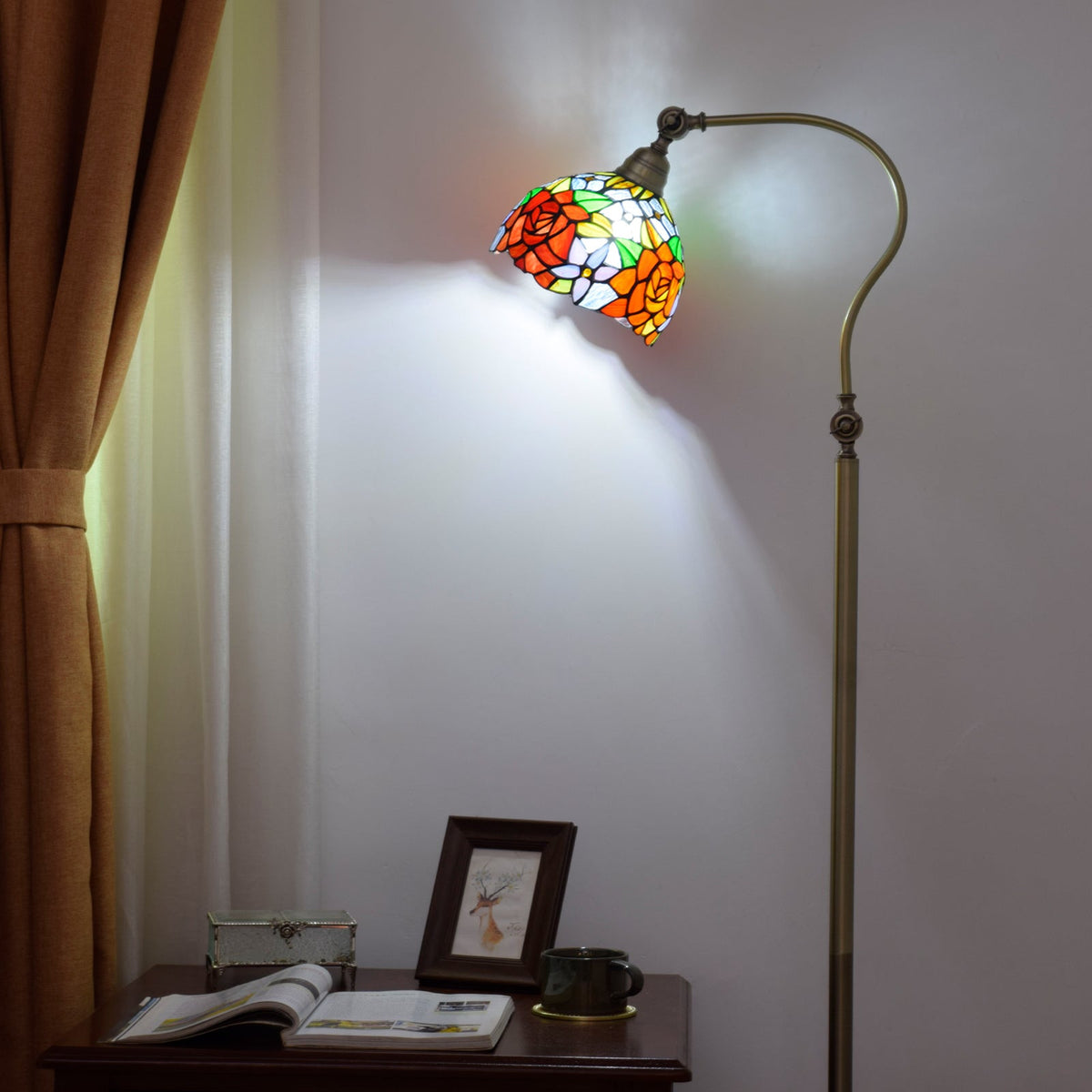 Antique Brass Arc Floor Lamp with Floral Tinted Glass Shade