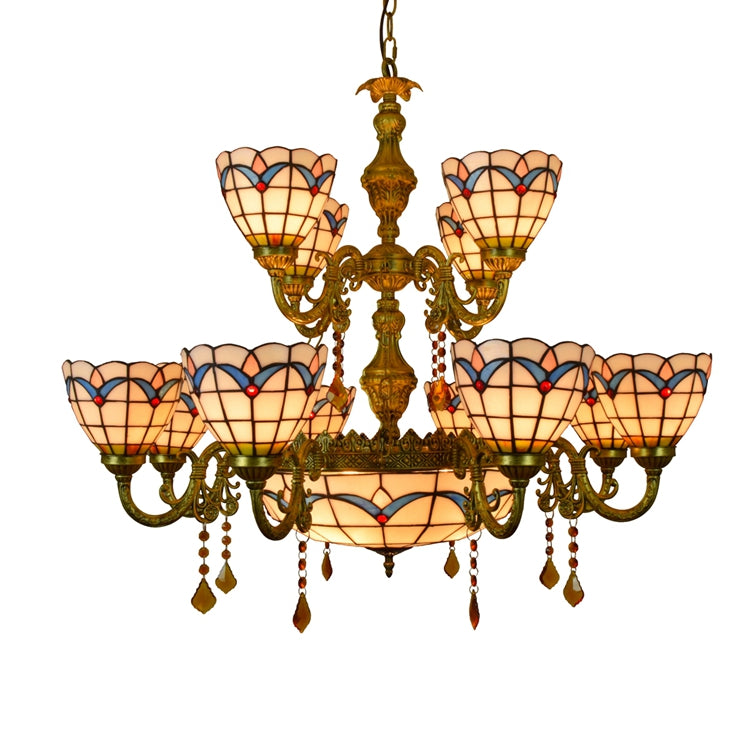 Antique Brass Chandelier and Scalloped Blue Stained Glass