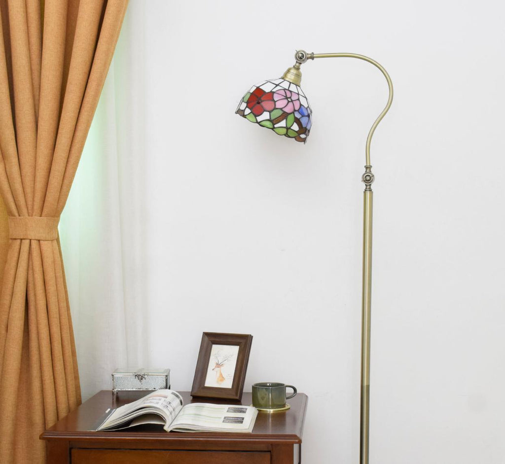 Antique Brass Floor Lamp with Floral Stained Glass Shade