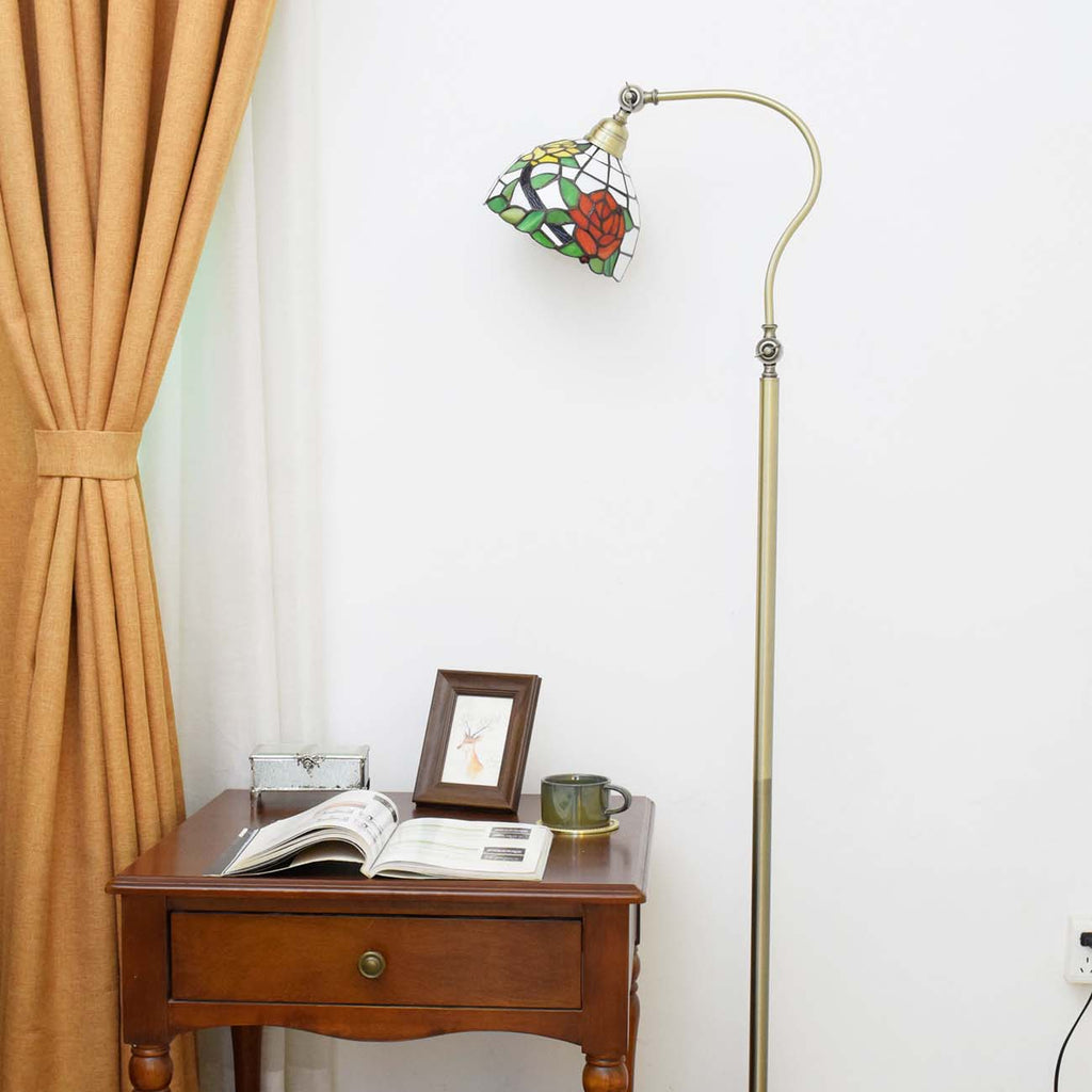 Antique Brass Floor Lamp with Floral Stained Glass, Tiffany Style