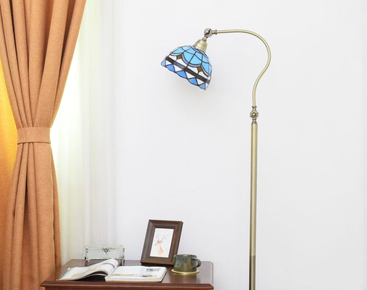 Antique Brass Floor Lamp with Geometric Blue Stained Glass
