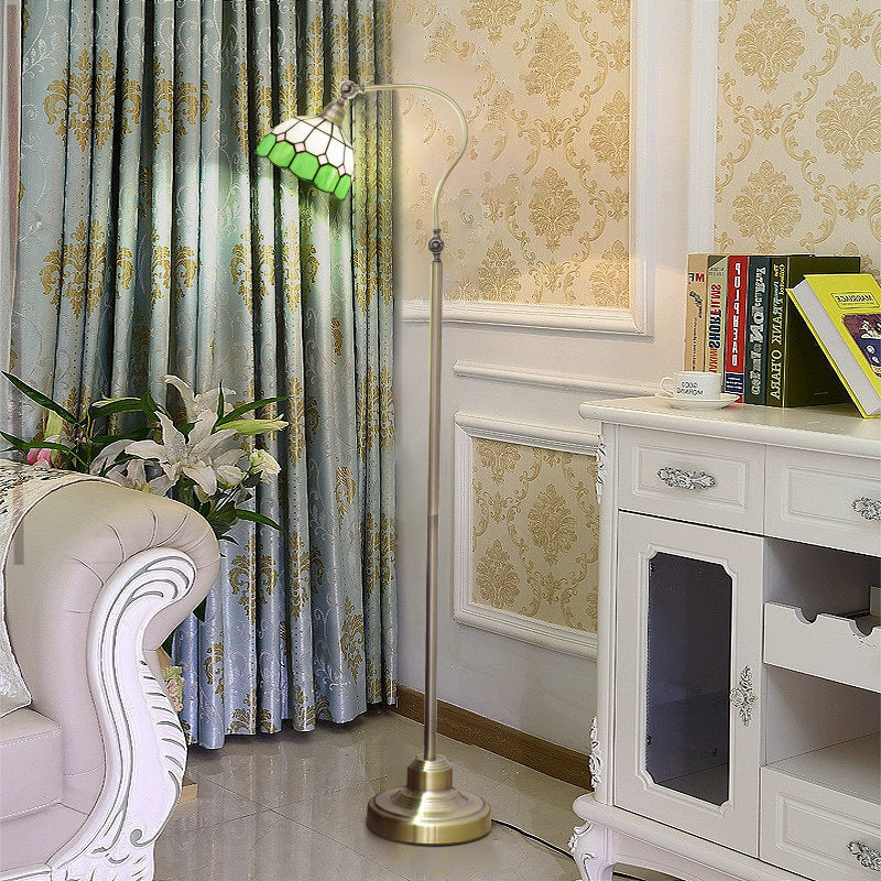 Antique Brass Floor Lamp with Green Tiffany Shade