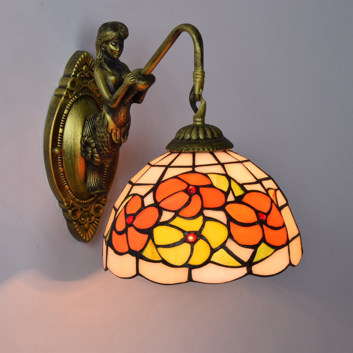 Antique Brass Mermaid Wall Sconce with Floral Tiffany Glass