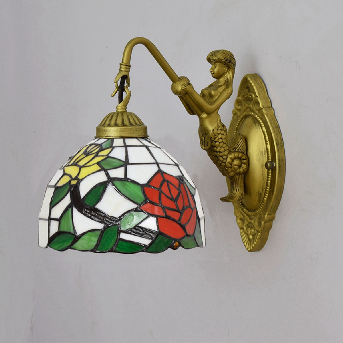 Antique Bronze Mermaid Tiffany Glass Wall Sconce