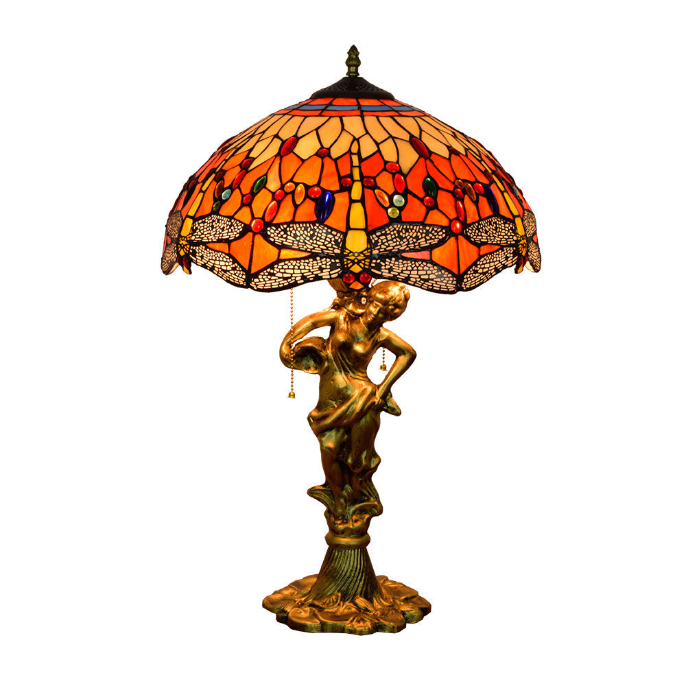 Antique Bronze Stained Glass Tiffany Table Lamp with Dragonflies - Antique Bronze