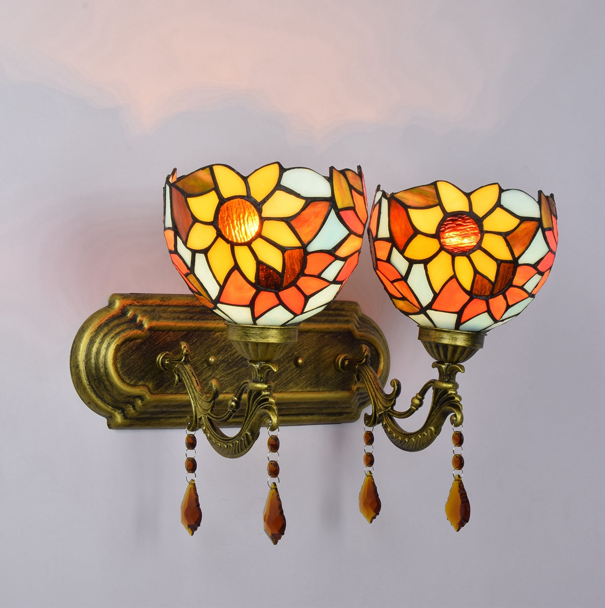 Antique Bronze Sunflower Double Wall Sconce Tiffany Style