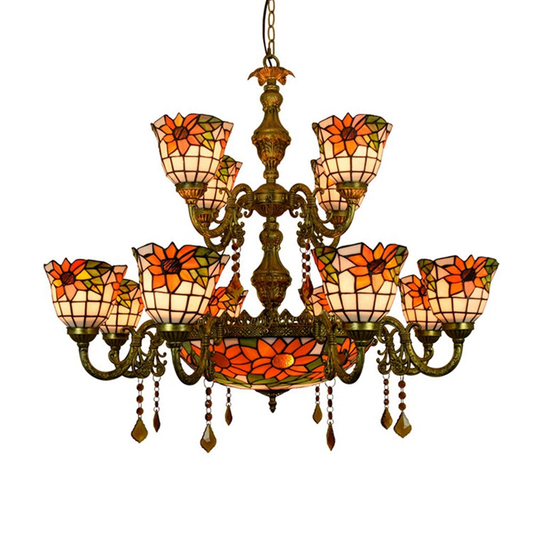 Antique Bronze Sunflowers Tiffany Style Stained Glass Chandelier