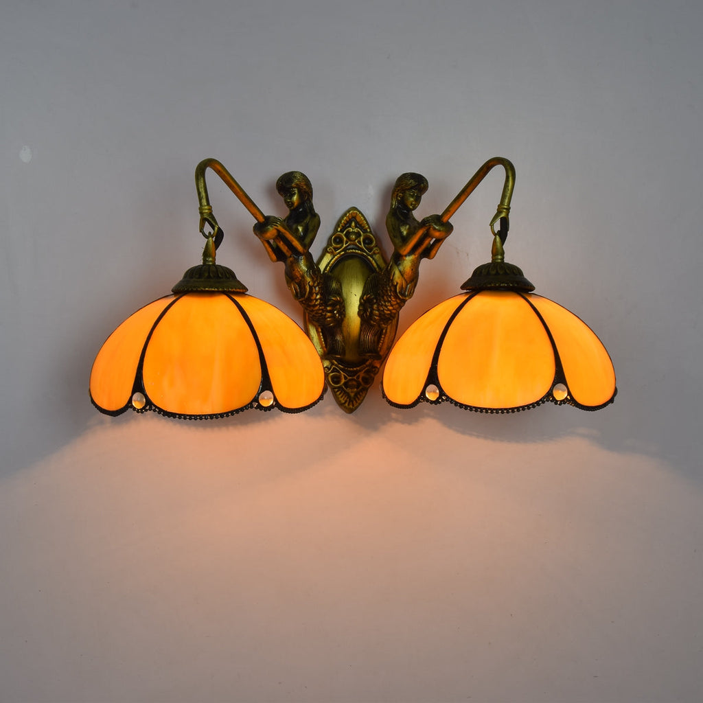Antique Bronze Wall Sconce with Figures and Amber Stained Glass