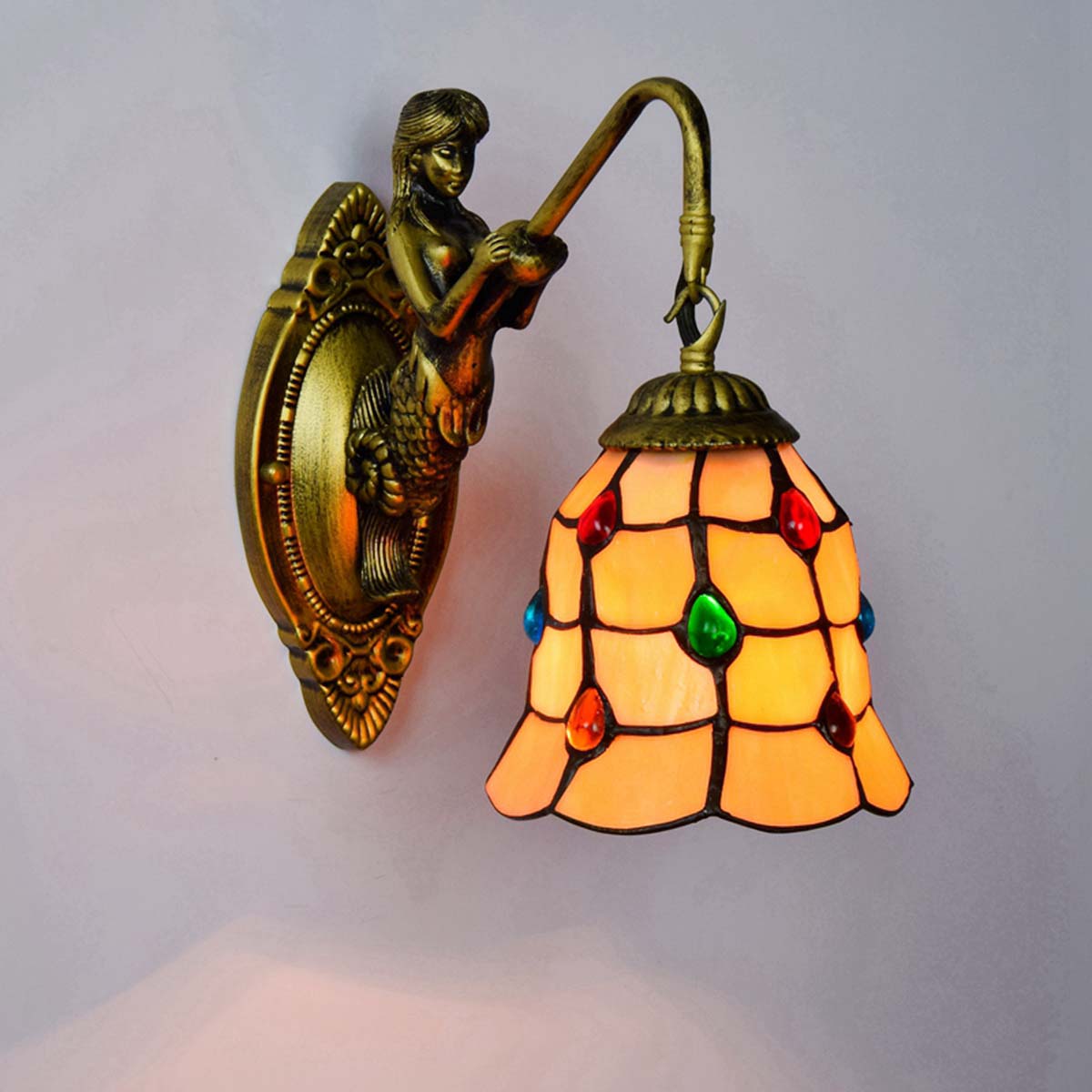 Antique Bronze Wall Sconce with Mermaid Motif and Stained Glass