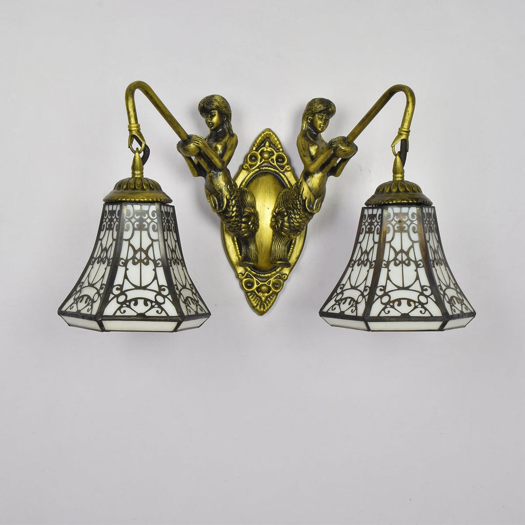 Antique Bronze Wall Sconce with Tiffany Style Mermaids