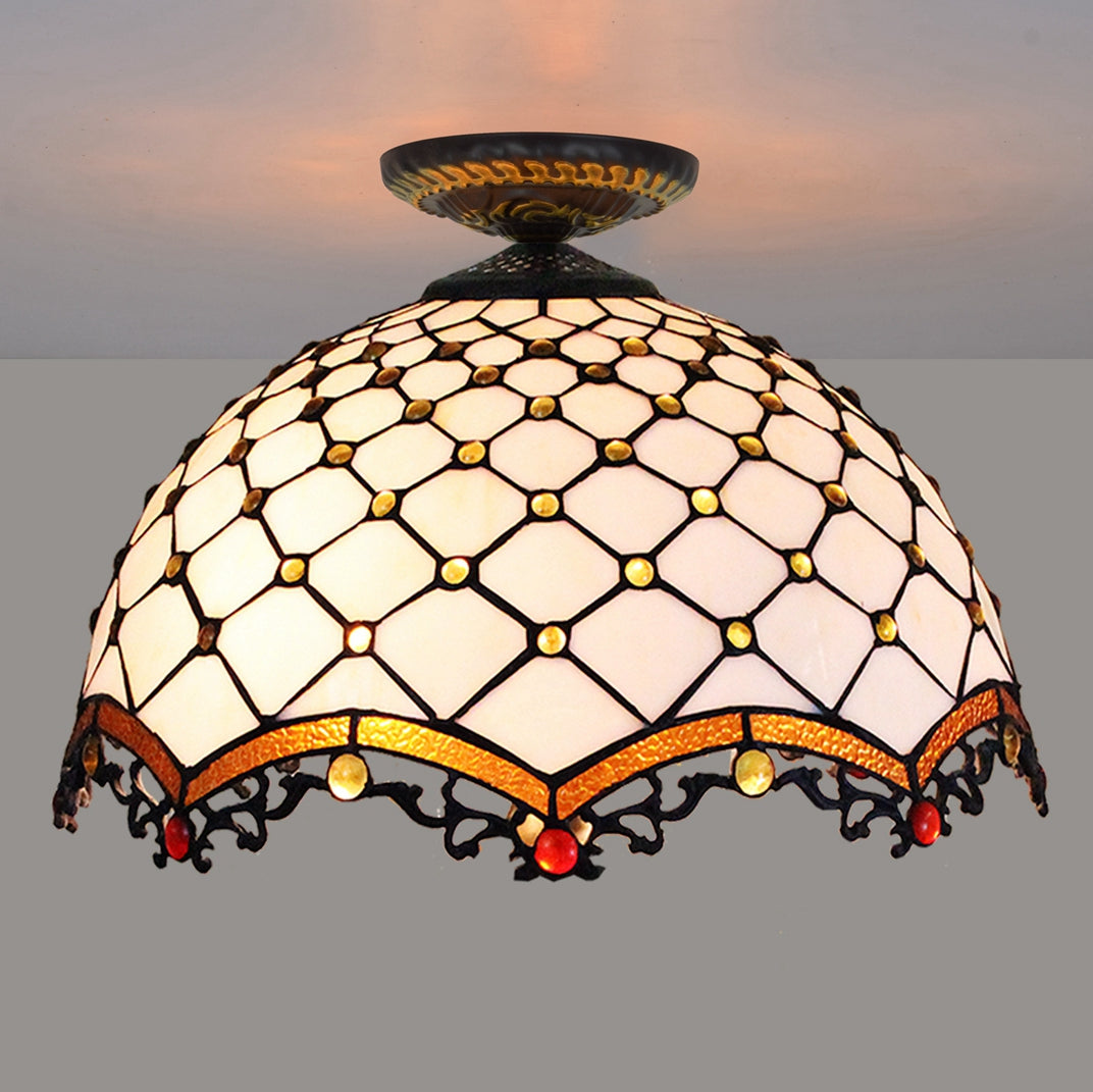 Art Deco ceiling light in white and amber stained glass
