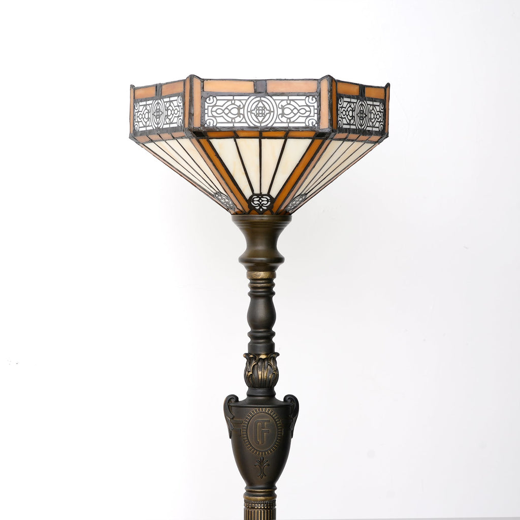 Art Deco floor lamp in amber stained glass and patinated bronze