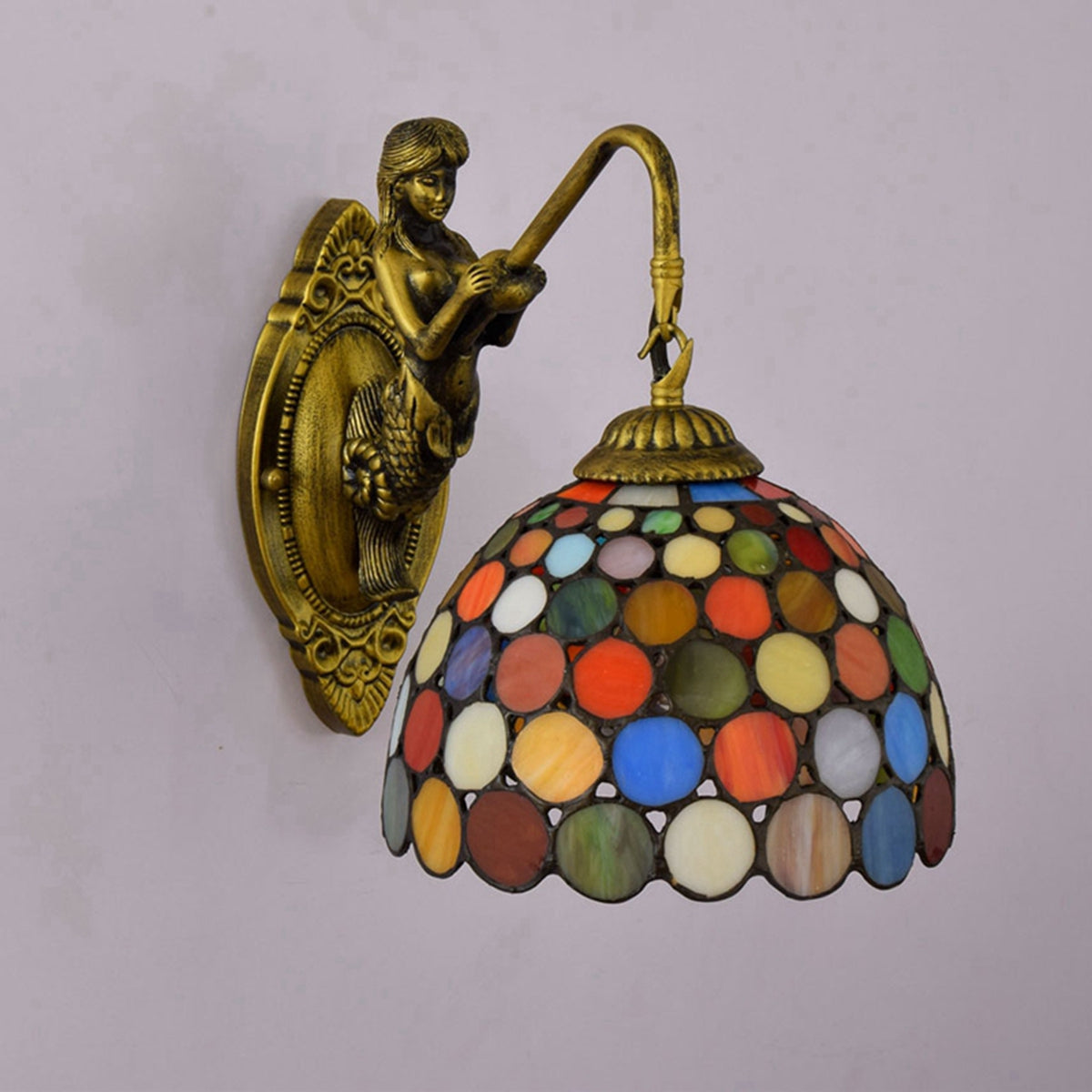 Art Deco Mermaid Wall Sconce in Brass and Stained Glass